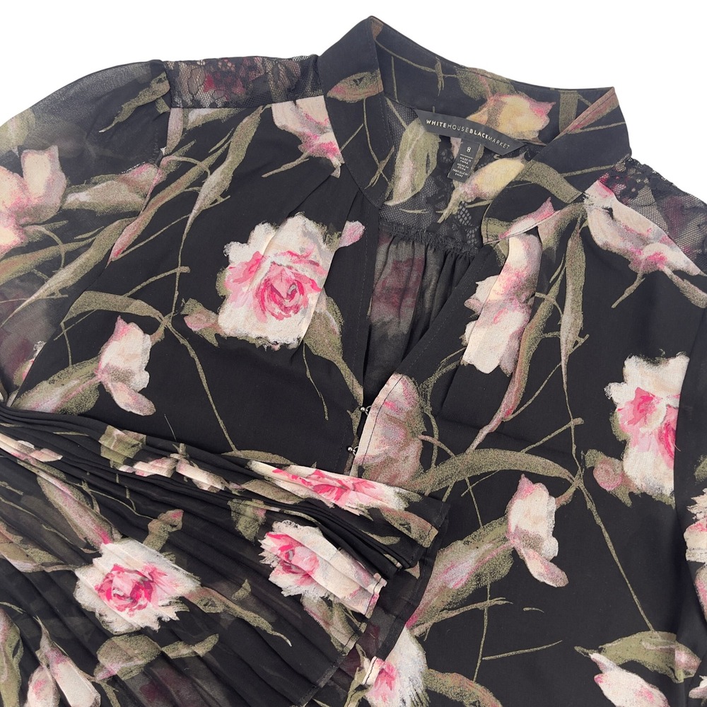 White‎ House Black Market Black Sheer Lace Floral Blouse Bell Sleeve Size 8